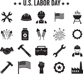 Labor Day Icons and Symbols in Black Silhouette Style