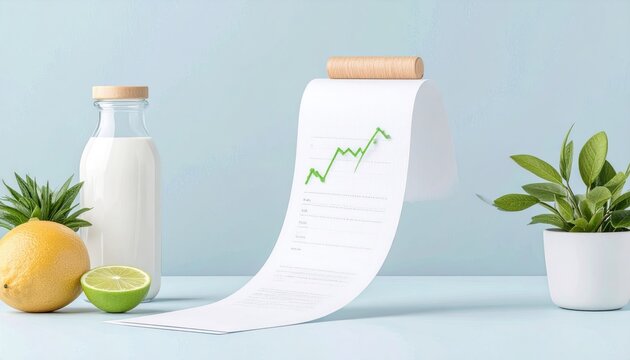 Shopping Receipt Transforming Into Stock Chart with Fresh Produce and Milk Bottle on Blue Background