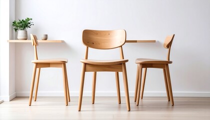 Three Wooden Dining Chairs In Minimalist Style Against White Background