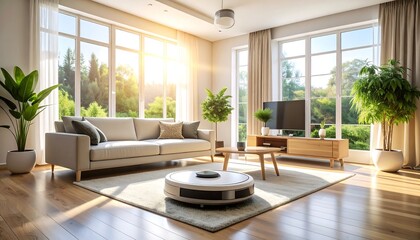 Sunny living room with modern furniture and a robot vacuum