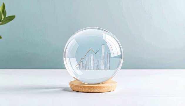 Transparent Glass Sphere Displaying 3D Global Market Graph on White Surface with Clear Background