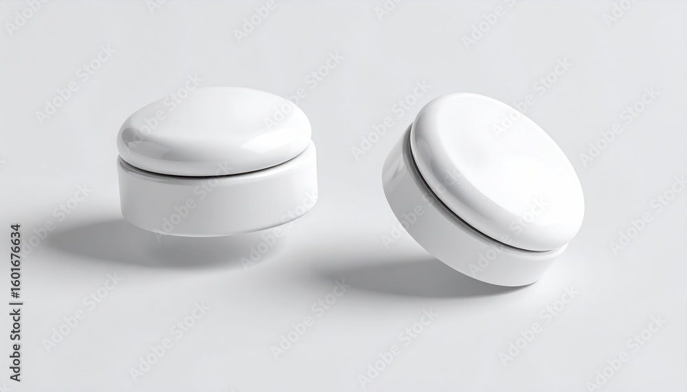 Poster two white floating drawer knobs with satin texture on clear background mockup