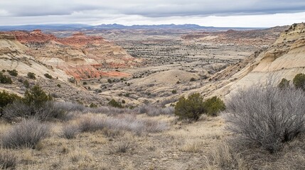 Desert canyon vista, pale hues, rugged landscape