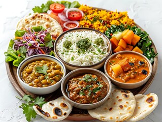 A complete Pakistani thali with roti, daal, sabzi, chutney, and salad, top-down view on white