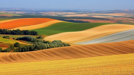 Colorful, undulating fields stretch across a landscape