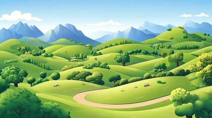 Lush green hills, winding road, mountains in the distance