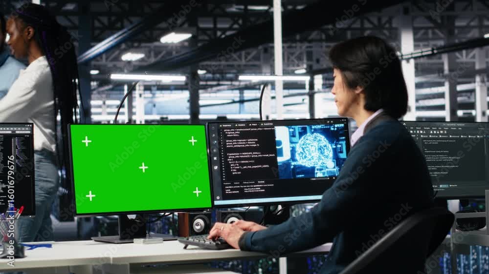 Poster data center technician managing ai systems using mockup pc. it professional in tech startup office u