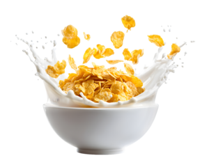 Cornflakes falling into a bowl of milk for breakfast