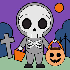 Vector art of a cartoon skeleton holding a jackolantern pumpkin in a graveyard setting
