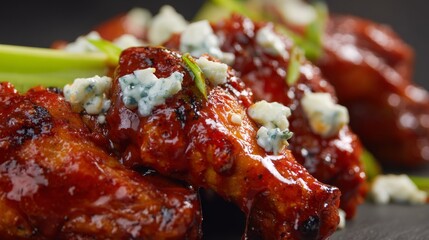 Close-up of spicy Buffalo chicken wings, coated in red sauce and drizzled with blue cheese dressing, garnished with celery sticks.