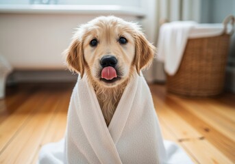 Playful Golden Retriever puppy wrapped in a white towel, tongue out, after a refreshing bath.
