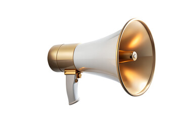 A white background highlights an isolated megaphone, a loud sound icon for communication and public announcements