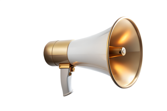 A white background highlights an isolated megaphone, a loud sound icon for communication and public announcements