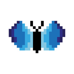Obraz premium Pixel butterfly icon. Blue insect wings. Digital nature art. Flying animal Vector.