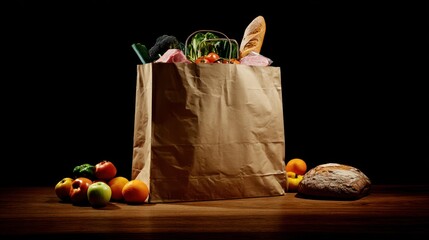 Grocery Bag with Fresh Fruits and Bread on Wooden Table