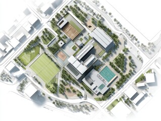 Aerial view of a sprawling campus with various buildings, athletic fields, and landscaping, set within a surrounding urban environment