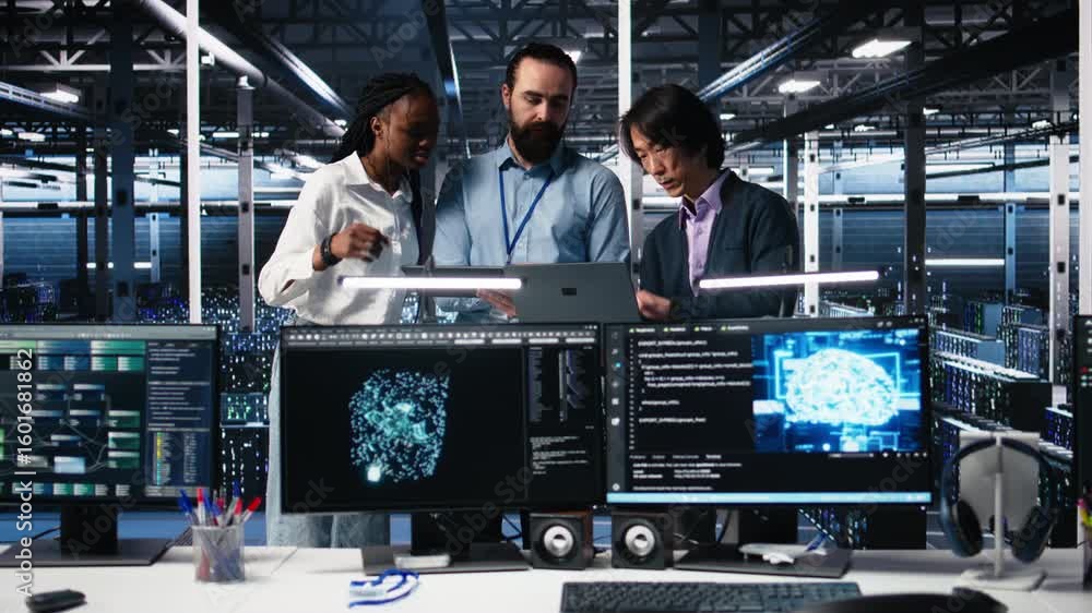 Poster happy data center coworkers monitoring neural network ai llm visualization. jolly workers in high te