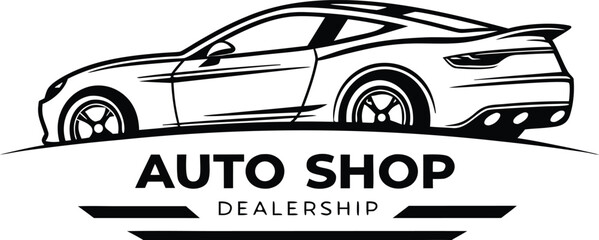 Modern car silhouette logo for auto shop dealership, black vector illustration

