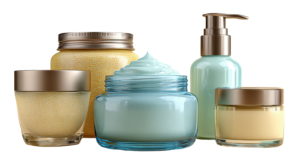 Elegant skincare products showcased on a transparent backdrop for beauty advertising
