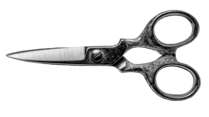 Elegant vintage scissors with ornate detailing against a stark transparent background