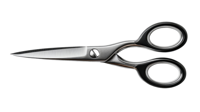 Precision cutting: Silver and black scissors isolated on a clean transparent background