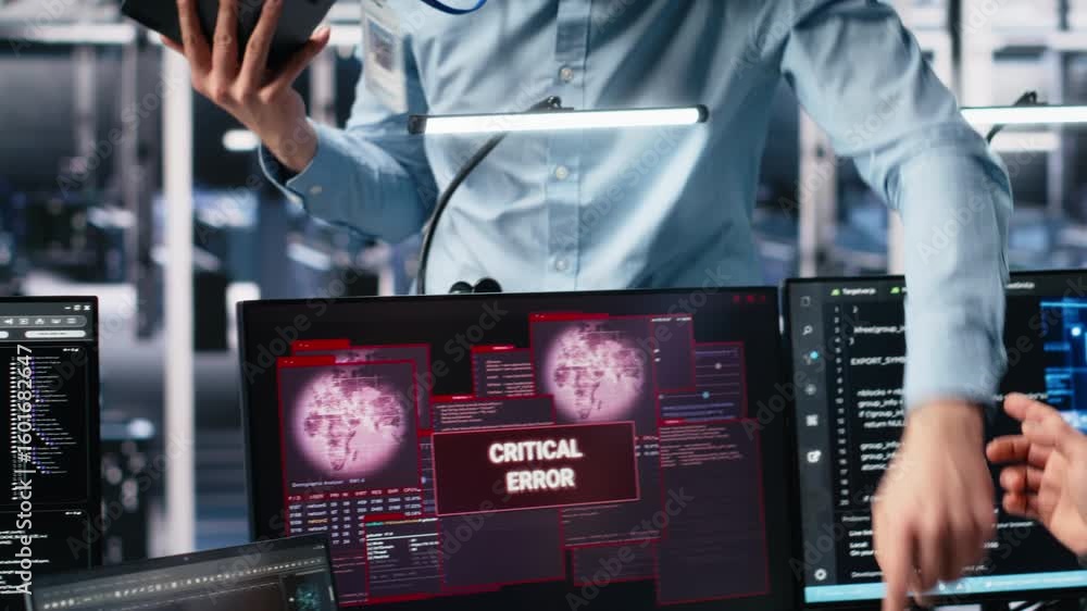 Fototapete system administrators in data center struggle with computer bugs while using ai. frustrated server f