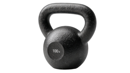 Close-up of a 100 lb cast iron kettlebell against a transparent background