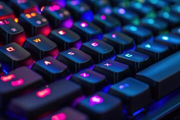 A dynamic close-up of a black mechanical gaming keyboard with vibrant RGB backlighting. The keys glow with a mix of pink, purple, and blue light, creating a high-tech and immersive gaming atmosphere