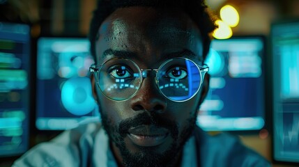 A striking close-up of a male digital forensics expert. His intense focus is captured in the reflection of data and graphs on his glasses as he analyzes information in a high-tech control room