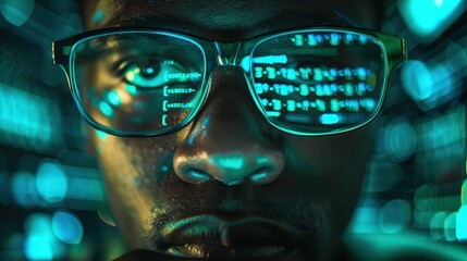 A striking close-up of a Black male digital forensics expert. Complex code and data are reflected in his glasses as he analyzes information, his face illuminated by the blue and green glow of screens