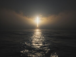 A single, glowing vertical line of light mysteriously hovers above a dark, restless ocean at dusk. Its luminous reflection cuts across the waves, creating a surreal, minimalist, and atmospheric scene 