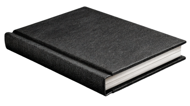 Elegant black textured hardcover book isolated on a sleek transparent background