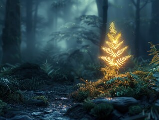 An enchanting scene shows a mythical fern flower glowing with warm golden light in a dark forest. It is surrounded by sparkling fireflies and soft, atmospheric bokeh