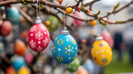 Painted Easter eggs hanging outdoor spring tree, blurred crowd