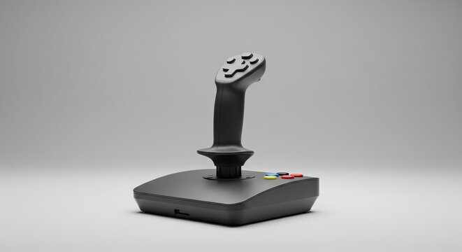 Realistic 3d render of a black retro gaming joystick on a gray background, a minimalist concept