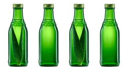 Four green bottles of refreshing beverage on tabletop, a celebration of taste and camaraderie