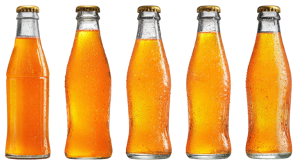 Four refreshing bottles of bright orange soda, a thirstquenching delight refreshing