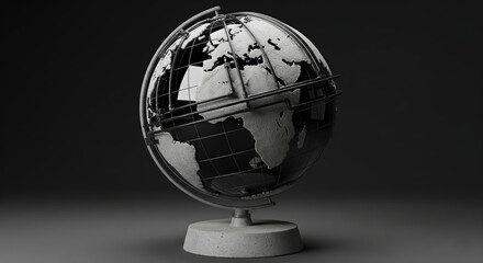 Brutalist style 3d render of a conceptual world globe with concrete continents and a metal frame on a dark background