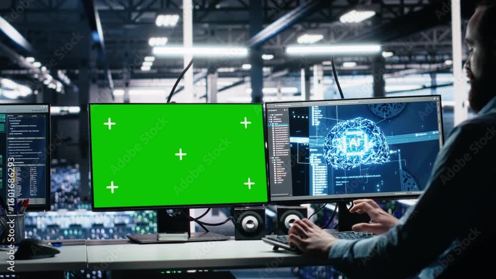 Poster data center engineer managing ai systems for uptime and efficiency using mockup pc. it professional 