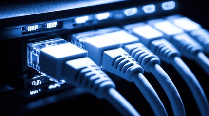 Network cables plugged into server, data center, glowing lights, fast internet connection