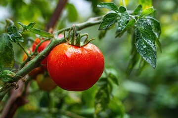 A mature tomato on a branch in a summer garden