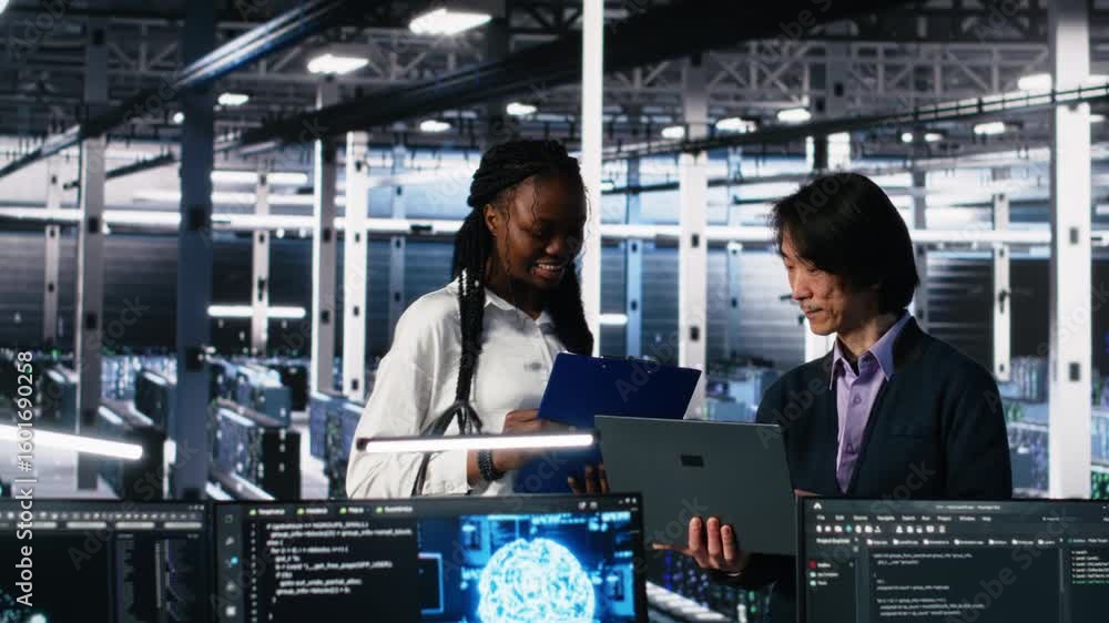 Poster data center engineers managing ai systems for uptime and efficiency, looking over paperwork files. a