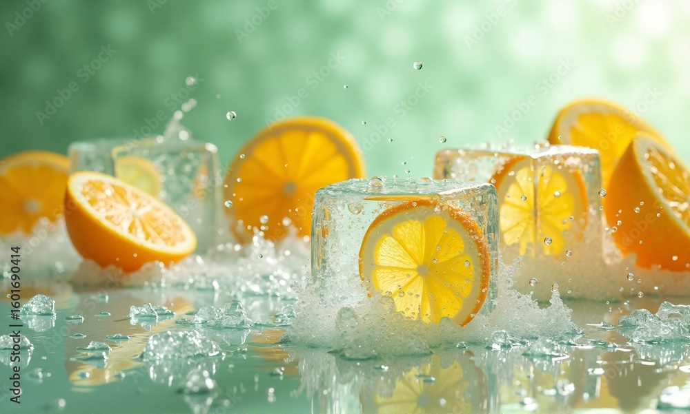 Poster refreshing image of lemon slices nestled in ice cubes, with water splashing around them. the vibrant