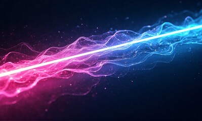 A vibrant digital artwork showcasing a beam of light, splitting a swirling nebula of pink and blue energy.  The colors blend and contrast, creating a dynamic and energetic visual.