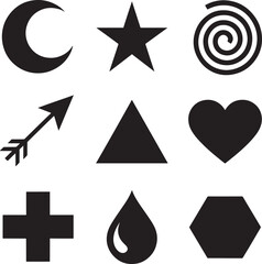 Collection of nine black geometric and symbolic icons on a white background