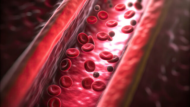 Blocked blood vessel causing poor artery circulation concept. Close-up view of red blood cells flowing through blood vessels.
