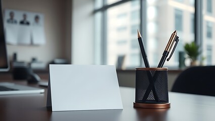 Minimalist office desk with a blank notecard and pen holder, featuring soft overhead lighting.