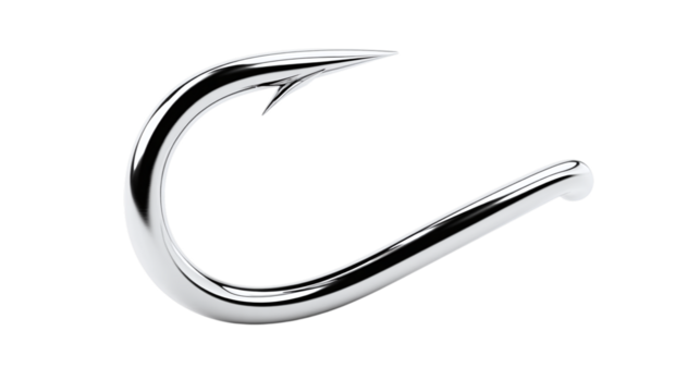 Silver fishing hook in smooth curved shape, 3D stylized icon, isolated on transparent background 