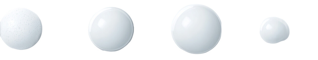 Four progressively sized white spheres