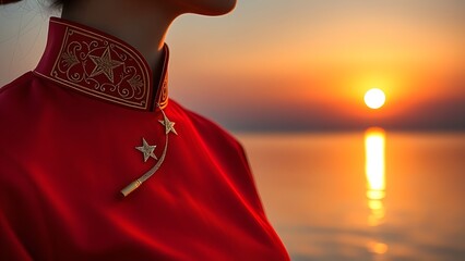 Vietnam National Day flag on silk cushion with bamboo leaves and lanterns